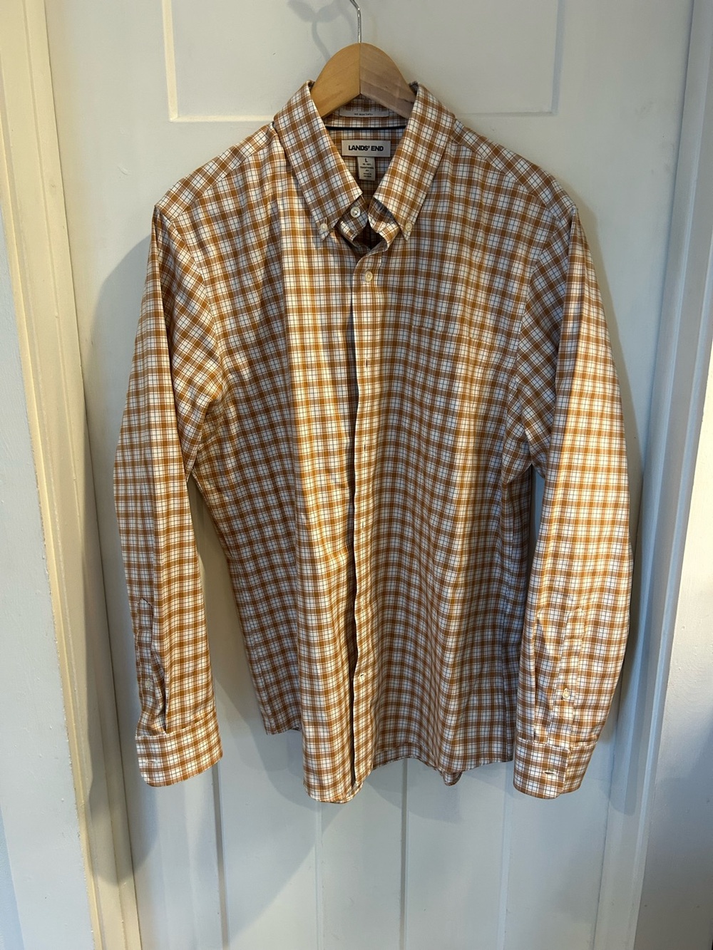 Lands' End Men's Button-Down Plaid Shirt - Tan & White